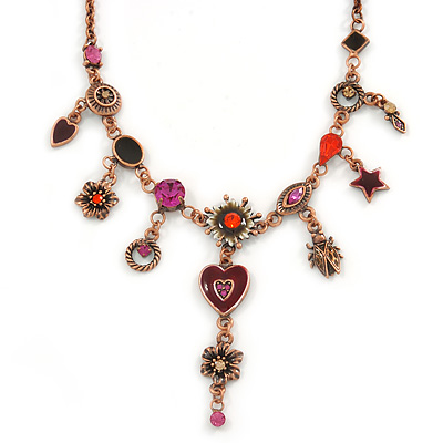 Vintage Inspired Bronze Crystal and Enamel Charm Bead  Necklace - 37cm L/ 7cm Ext