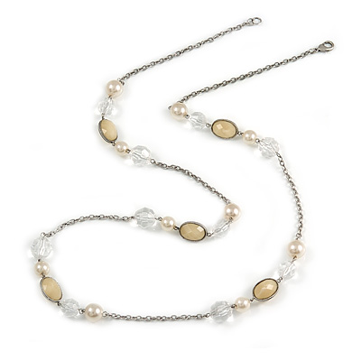 Stylish Bead and Chain Long Necklace In Silver Tone - 88cm Long