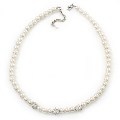 8mm White Simulated Glass Pearl Necklace With Crystal Balls In Rhodium Plating - 42cm Length/ 6cm Extension