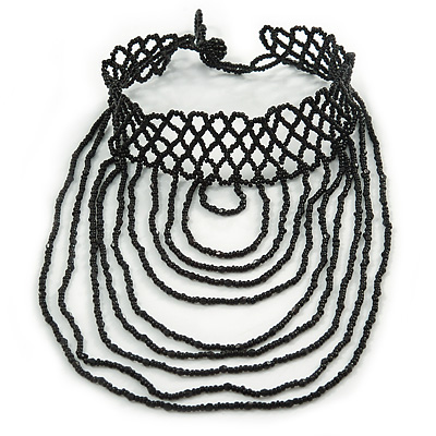 Chic Victorian/ Gothic/ Burlesque Black Bead Bib Style Choker Necklace - 28cm L/ 6cm Ext - main view