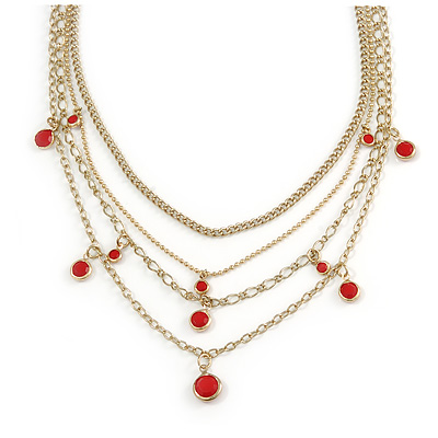 Gold Tone Multi Chain with Red Charm Bead Necklace - 52cm L