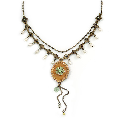 Vintage Inspired Caramel/ Green Enamel Floral Pendant with Bronze Tone Chain Necklace - 40cm L/ 8cm Ext/ 8cm Front Drop