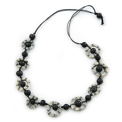 Black/ White Bone, Wood Bead Cotton Cord Necklace - 70cm L