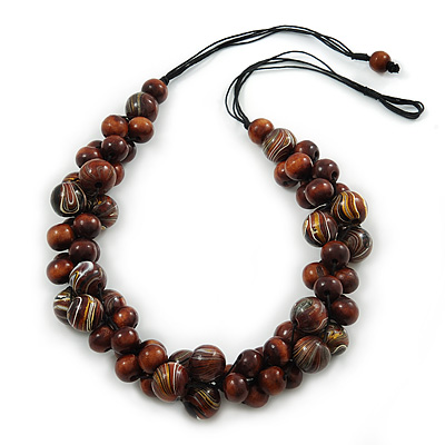 Dark Brown Cluster Wood Bead Black Cotton Cord Necklace - 70cm L