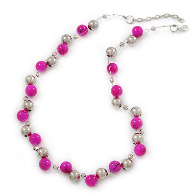 13mm Deep Pink, Silver Mirror Bead Wire Necklace In Silver Tone - 50cm L/ 4cm Ext