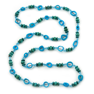 Long Green Wood Bead & Light Blue Bone Ring Necklace - 114cm L - main view