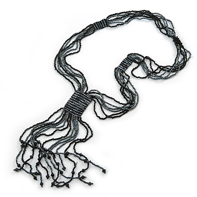 Black, Grey Glass Bead Tassel Necklace - 64cm L/ Tassel - 15cm L