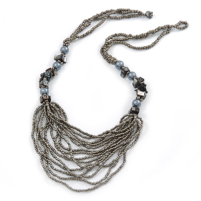 Black/ Grey Glass Bead Bib Style Necklace - 70cm L - main view