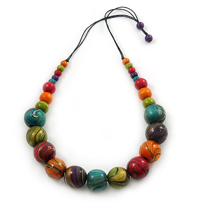 Multicoloured Wood Bead Black Waxed Cotton Cord Necklace - 74m L - Adjustable