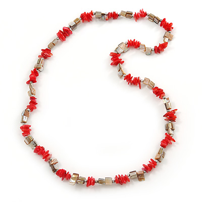 Light Coral, Antique White Shell Nugget Bead Necklace - 72cm L