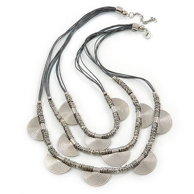 3 Strand Grey Cotton Cord Necklace with Metal Rings In Silver Tone - 66cm L/ 4cm Ext
