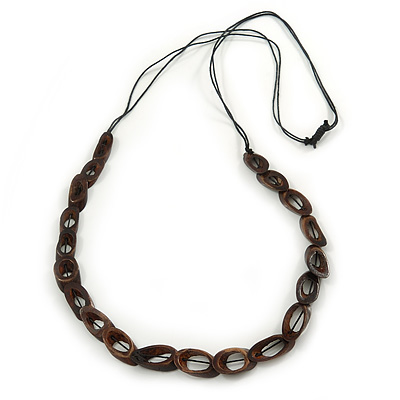 Long Brown Coloured Bone Bead, Black Cotton Cord Necklace - 90cm L