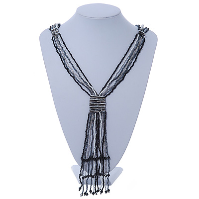 Black, Grey, White Transparent Glass Bead Tassel Necklace - 60cm L/ 15cm L (Tassel)