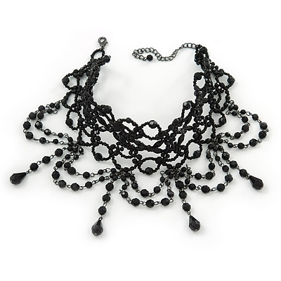 Statement Victorian/ Gothic/ Burlesque Black Acrylic, Glass Bead Choker Necklace - 27cm Length/ 7cm Extension