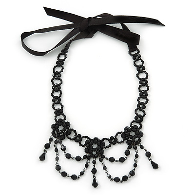 Victorian Style Black Bead Choker Necklace With Black Silk Ribbon - Adjustable