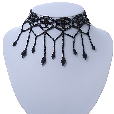 Fancy Dress Party Black Acrylic, Glass Bead Choker Necklace - 31cm L/ 7cm Ext