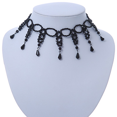 Fancy Dress Party Black Acrylic, Glass Bead Choker Necklace - 30cm L/ 7cm Ext