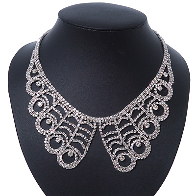 Clear Austrian Crystal Collar Necklace In Silver Tone - 30cm Length/ 15cm Extension