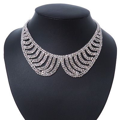 Clear Austrian Crystal Collar Necklace In Silver Tone - 28cm Length/ 15cm Extension - main view