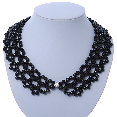 Black Imitation Pearl Bead Collar Necklace In Silver Tone - 38cm L/ 4cm Ext