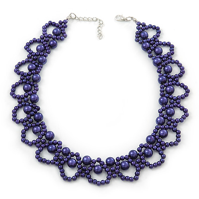 Purple Imitation Pearl Bead Collar Style Necklace In Silver Tone - 36cm L/ 6cm Ext - main view