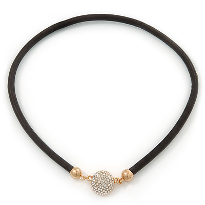 Black Rubber Necklace With Crystal Round Magnetic Closure - 38cm L - main view