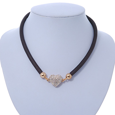 Black Rubber Necklace With Crystal Heart Magnetic Closure (Gold Tone) - 38cm L - main view