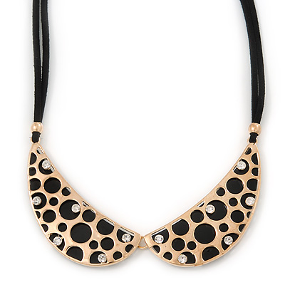 Gold Tone, Crystal Collar Necklace With Black Suede Cords - 40cm L/ 7cm Ext - main view