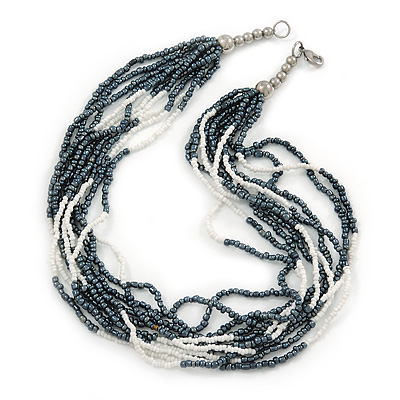 Hematite/ White Multistrand Glass Bead Necklace with Silver Tone Closure - 46cm L
