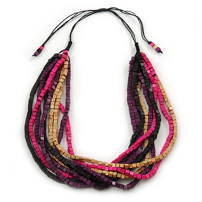 Multi-Strand Purple/ Black/ Magenta/ Beige Wood Bead Adjustable Cord Necklace - 46cm to 58cm L - main view