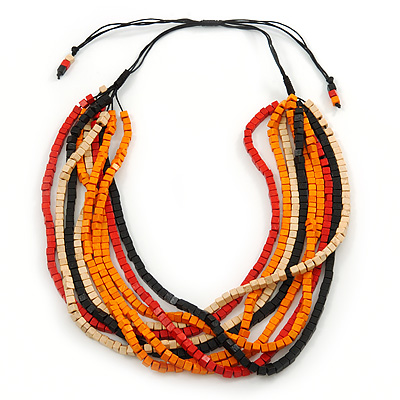 Multi-Strand Red/ Black/ Orange Wood Bead, Black Adjustable Cord Necklace - 46cm to 58cm L - main view