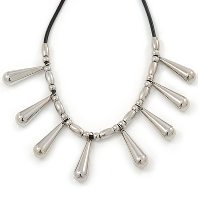 Silver Tone Teardrop Bead, Black Rubber Cord Necklace - 47cm L/ 4cm Ext - main view