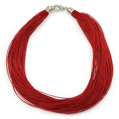 Multistrand Dark Red Silk Cord Necklace In Silver Tone - 50cm L - main view
