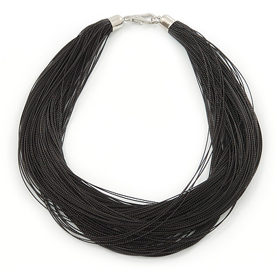 Multistrand Black Silk Cord Necklace In Silver Tone - 50cm L - main view