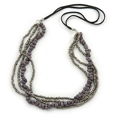 Multistrand Grey/ Metallic Silver Glass Bead, Semiprecious Stone Black Suede Cord Necklace - 74cm L