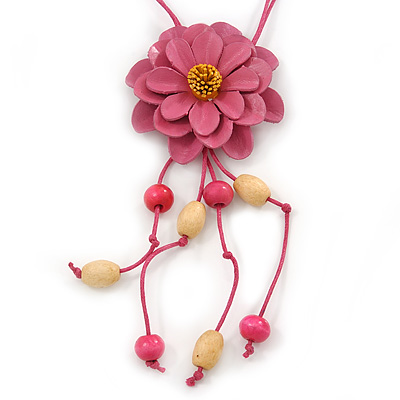 Pink Leather Daisy Pendant with Long Cotton Cord - 80cm L - Adjustable - main view