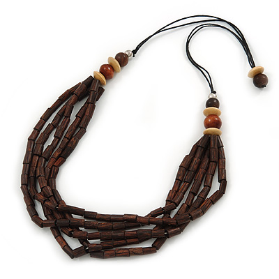 Multi-Strand Brown/ Cream Wood Bead Adjustable Cord Necklace - 68cm L - main view