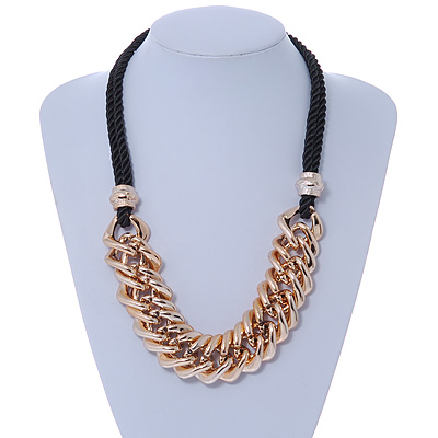 Mirrored Gold Tone Acrylic Link Black Silk Cord Necklace - 50cm L