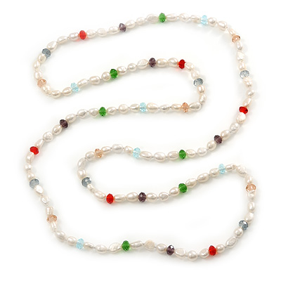 Long Rope White Baroque Shape Freshwater Pearl, Multicoloured Glass Bead Necklace - 116cm L