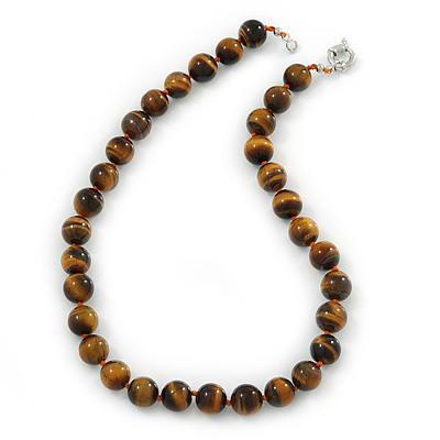 12mm Tiger Eye Round Semi-Precious Stone Necklace With Spring Ring Clasp - 44cm L