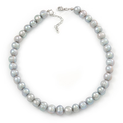 12mm Light Grey Ringed Freshwater Pearl Necklace In Silver Tone - 40cm L/ 4cm Ext
