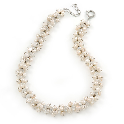 7-8mm White Baroque Freshwater Pearl, Transparent Crystal Bead Cluster Necklace - 42cm L/ 4cm Ext