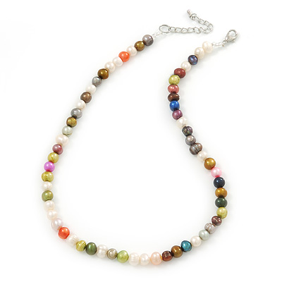 7mm Multicoloured Semi-Round Freshwater Pearl Necklace In Silver Tone - 36cm L/ 4cm Ext - main view