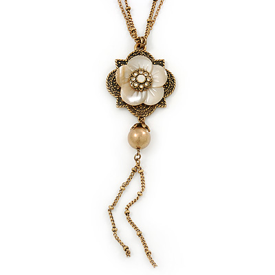 Vintage Inspired Mother Of Pearl Floral Pendant With Long Double Chain In Antique Gold Tone - 70cm L/ 6cm Ext
