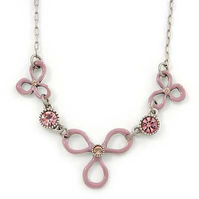 Vintage Inspired Pink Enamel Floral Necklace In Pewter Tone - 36cm L/ 6cm Ext
