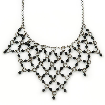 Victorian Style Black Beaded Bib Necklace In Black Tone Metal - 42cm L/ 3cm Ext