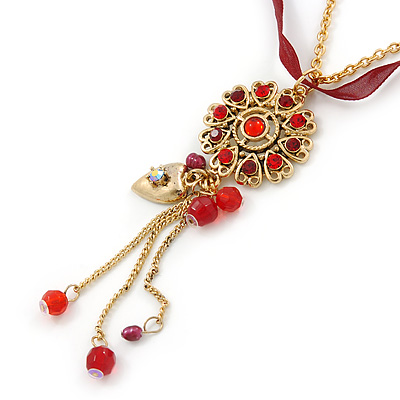 Siam Crystal Flower Pendant With Charms, With GoldTone Chain & Dark Red Organza Ribbon - 38cm L/ 7cm Ext