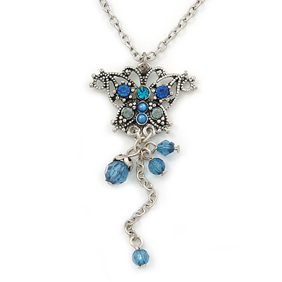 Vintage Inspired Blue Crystal Butterfly Pendant With Pewter Tone Chain - 38cm L/ 6cm Ext - main view