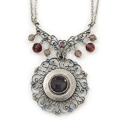 Vintage Inspired Round Filigree Crystal Pendant with Double Chain In Pewter Tone - 40cm L/ 5cm Ext