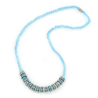Light Blue Glass Bead With Crystal Rings Magnetic Necklace - 50cm L